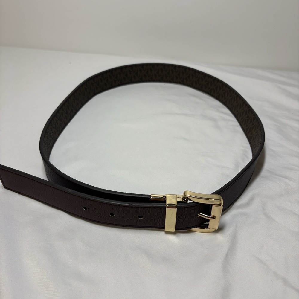 Michael Kors Brown Leather-Gold Belt Reversible Size Large 35-38" EUC Logomania